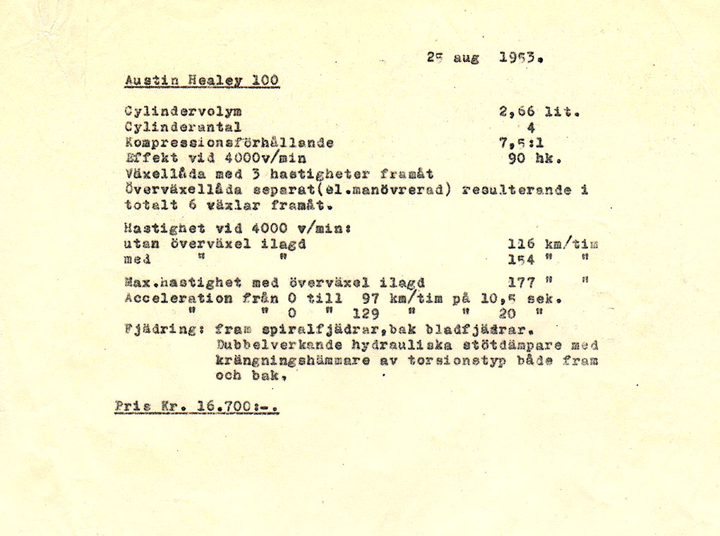 Swedish dealer specification, accompanying the brochure